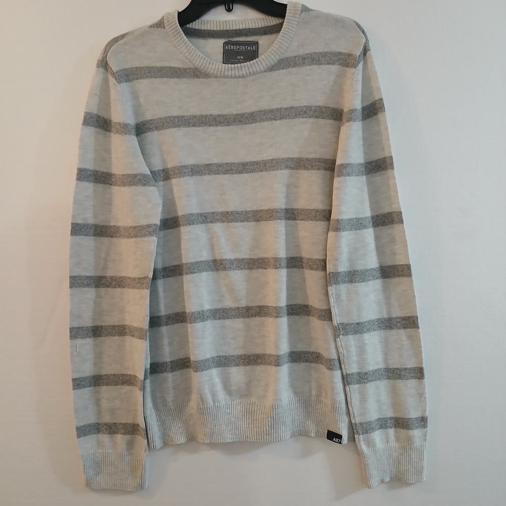 Aeropostale Men Sz M Horizontal Gray And Oatmeal Strips‎ Sweater Wool Blend..